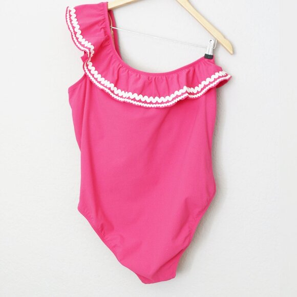 NEW J. Crew Barbie Pink Ruffled One Shoulder One Piece Swimsuit Size 14 $149 NWT - Picture 6 of 16